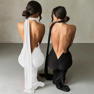 One Shoulder Backless Adjustable Scarf Loop Ruched Sexy Maxi Dress - Diva Melody