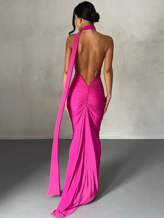 One Shoulder Backless Adjustable Scarf Loop Ruched Sexy Maxi Dress - Diva Melody