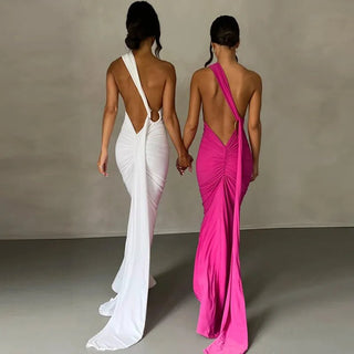 One Shoulder Backless Adjustable Scarf Loop Ruched Sexy Maxi Dress - Diva Melody