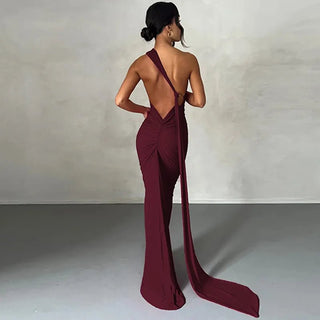 One Shoulder Backless Adjustable Scarf Loop Ruched Sexy Maxi Dress - Diva Melody