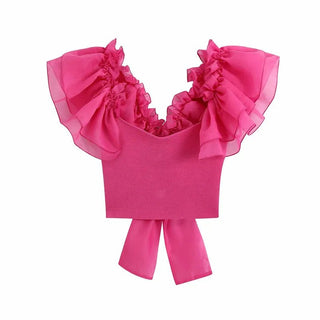 Organza Pink Puff Ruffle Sleeve Back Bow Camis - Diva Melody