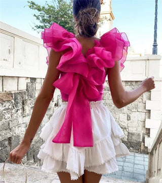 Organza Pink Puff Ruffle Sleeve Back Bow Camis - Diva Melody