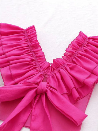 Organza Pink Puff Ruffle Sleeve Back Bow Camis - Diva Melody