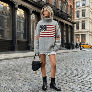 Oversized Chunky Knit Flag Motif Sweater - Diva Melody