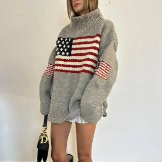 Oversized Chunky Knit Flag Motif Sweater - Diva Melody