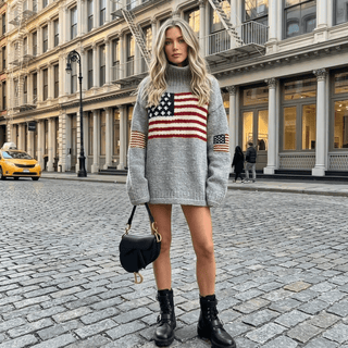 Oversized Chunky Knit Flag Motif Sweater - Diva Melody