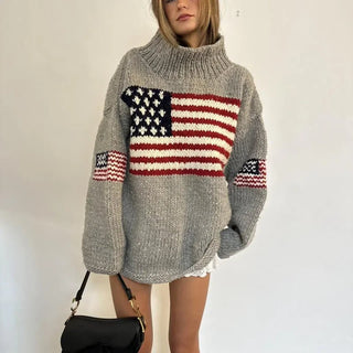 Oversized Chunky Knit Flag Motif Sweater - Diva Melody