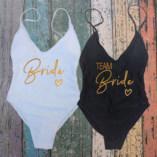 Padded Rose Gold Printed TEAM Bride Bachelor Party Swimsuits - Diva Melody