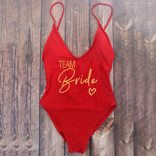 Padded Rose Gold Printed TEAM Bride Bachelor Party Swimsuits - Diva Melody