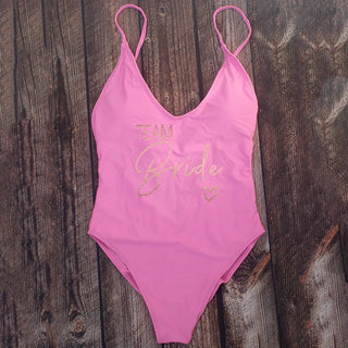 Padded Rose Gold Printed TEAM Bride Bachelor Party Swimsuits - Diva Melody