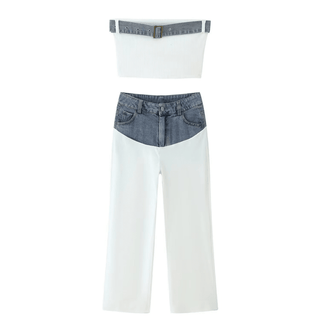 Patchwork Denim Strapless Two - Piece Set - Diva Melody