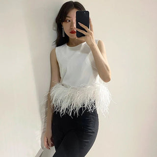 Patchwork Feathers Sleeveless Slim Tops - Diva Melody