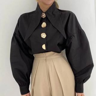 Pearl Button Pointed Puff Long Shirts Blouses - Diva Melody