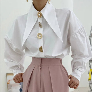 Pearl Button Pointed Puff Long Shirts Blouses - Diva Melody