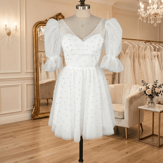 Pearls Mini Length Bridal Gown with Puffy Sleeves - Diva Melody