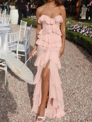 Pink Strapless Ruffle Maxi - Diva Melody