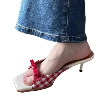 Plaid Bow Sandals Thin Heels & Peep Toe Style - Diva Melody