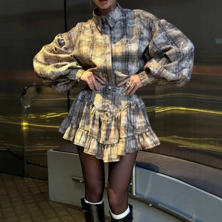 Plaid Ruffle Mini Dress Two - Piece Set - Diva Melody