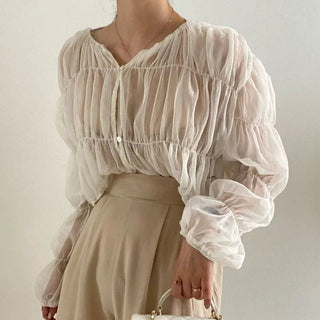 Pleated Chiffon See - through Blouses - Diva Melody