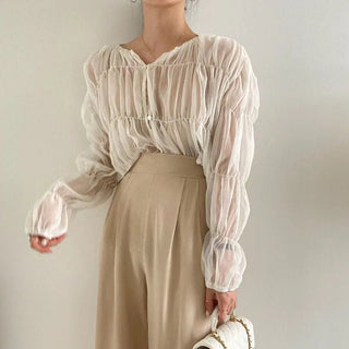 Pleated Chiffon See - through Blouses - Diva Melody