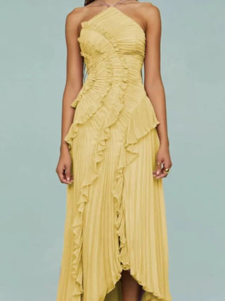 Pleated Halter Cascading Ruffle Maxi Dress - Diva Melody