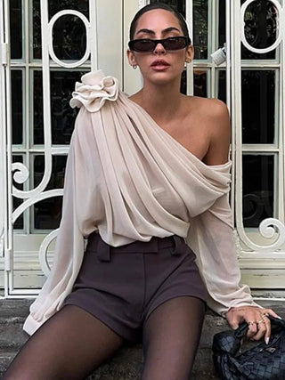 Pleated See - Through 3D Rose Blouse Top - Diva Melody