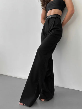 Pleated Wide Leg Solid High Waist Pants - Diva Melody