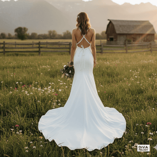 Plunging V - Neck Mermaid Wedding Dress with Mid Slit - Diva Melody