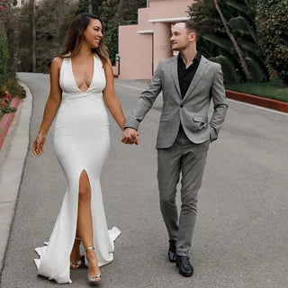 Plunging V - Neck Mermaid Wedding Dress with Mid Slit - Diva Melody