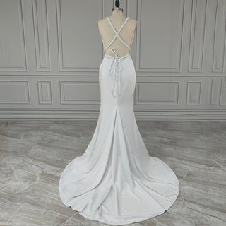 Plunging V - Neck Mermaid Wedding Dress with Mid Slit - Diva Melody