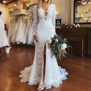 Plus Size Long Sleeve Backless Mermaid Wedding Dress - Diva Melody