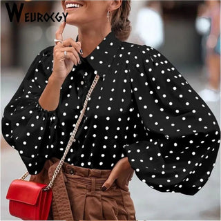 Polka Dot Button - Up Blouse with Lantern Sleeves - Diva Melody