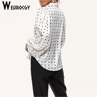 Polka Dot Button - Up Blouse with Lantern Sleeves - Diva Melody