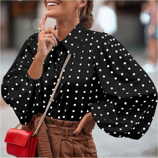 Polka Dot Button - Up Blouse with Lantern Sleeves - Diva Melody