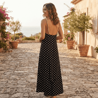 Polka Dot Open Back Beaded Strap Maxi Dress - Diva Melody
