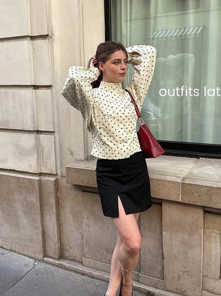 Polka Dot Print Round Neck Jacket - Diva Melody