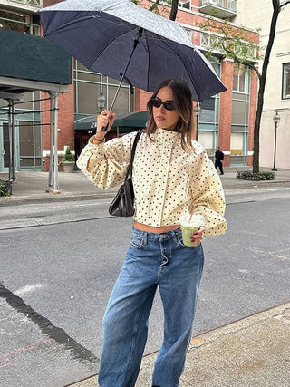 Polka Dot Print Round Neck Jacket - Diva Melody