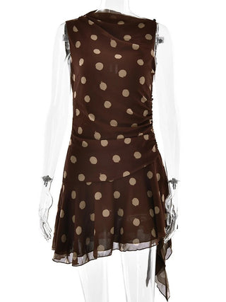 Polka Dot Ruched Sleeveless Dress - Diva Melody