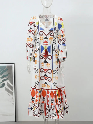 Printed V - Neck Lantern Sleeve Tassel dresses - Diva Melody