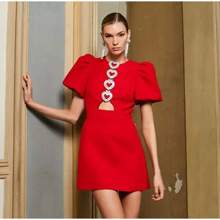 Puff Short Sleeve Slim Fit Red Mini Dress - Diva Melody