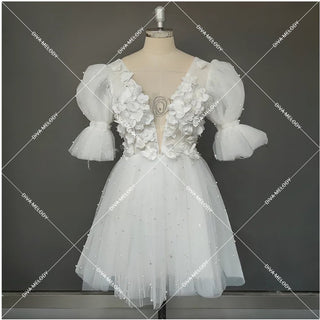 Puff Sleeve 3D Lace Mini Wedding Dress - Diva Melody