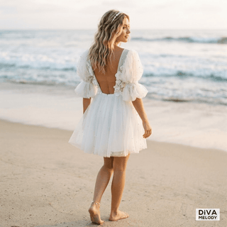 Puff Sleeve 3D Lace Mini Wedding Dress - Diva Melody