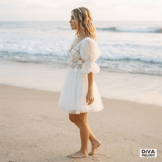 Puff Sleeve 3D Lace Mini Wedding Dress - Diva Melody