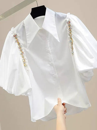 Puff Sleeve Diamond Inlaid Chain Decoration Irregular Shirt - Diva Melody