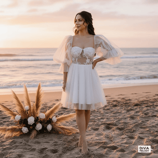 Puff Sleeve Mini Wedding Dress - Diva Melody