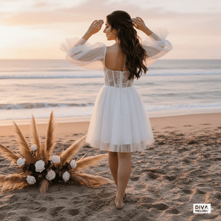 Puff Sleeve Mini Wedding Dress - Diva Melody