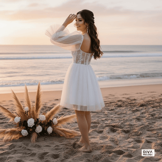 Puff Sleeve Mini Wedding Dress - Diva Melody