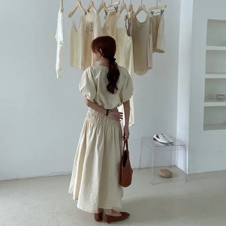 Puff Sleeve & Pleated A - Line Skirt Set - Diva Melody