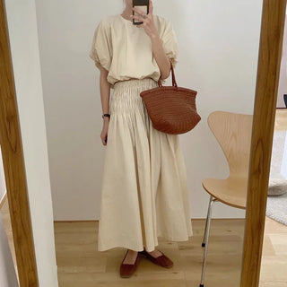 Puff Sleeve & Pleated A - Line Skirt Set - Diva Melody