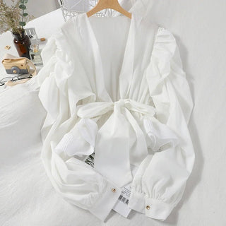 Puff Sleeve Strap Waist Closed Bow Blouses - Diva Melody